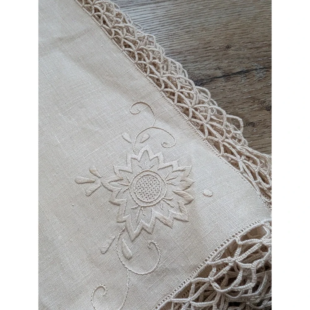 Set of 12 Brand New Vintage Linen Napkins W/ Tatting & Embroidery, 18x18 Beige
